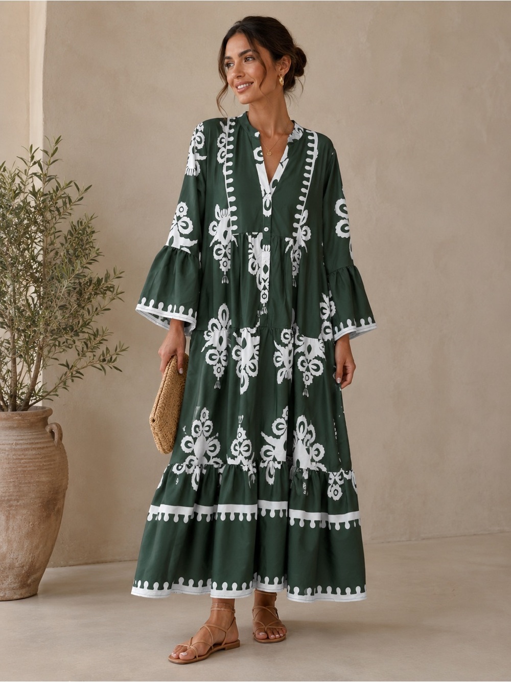 SHEIN Green & White Boho Tiered Midi Dress Bell Sleeve Printed Dress
Size Large